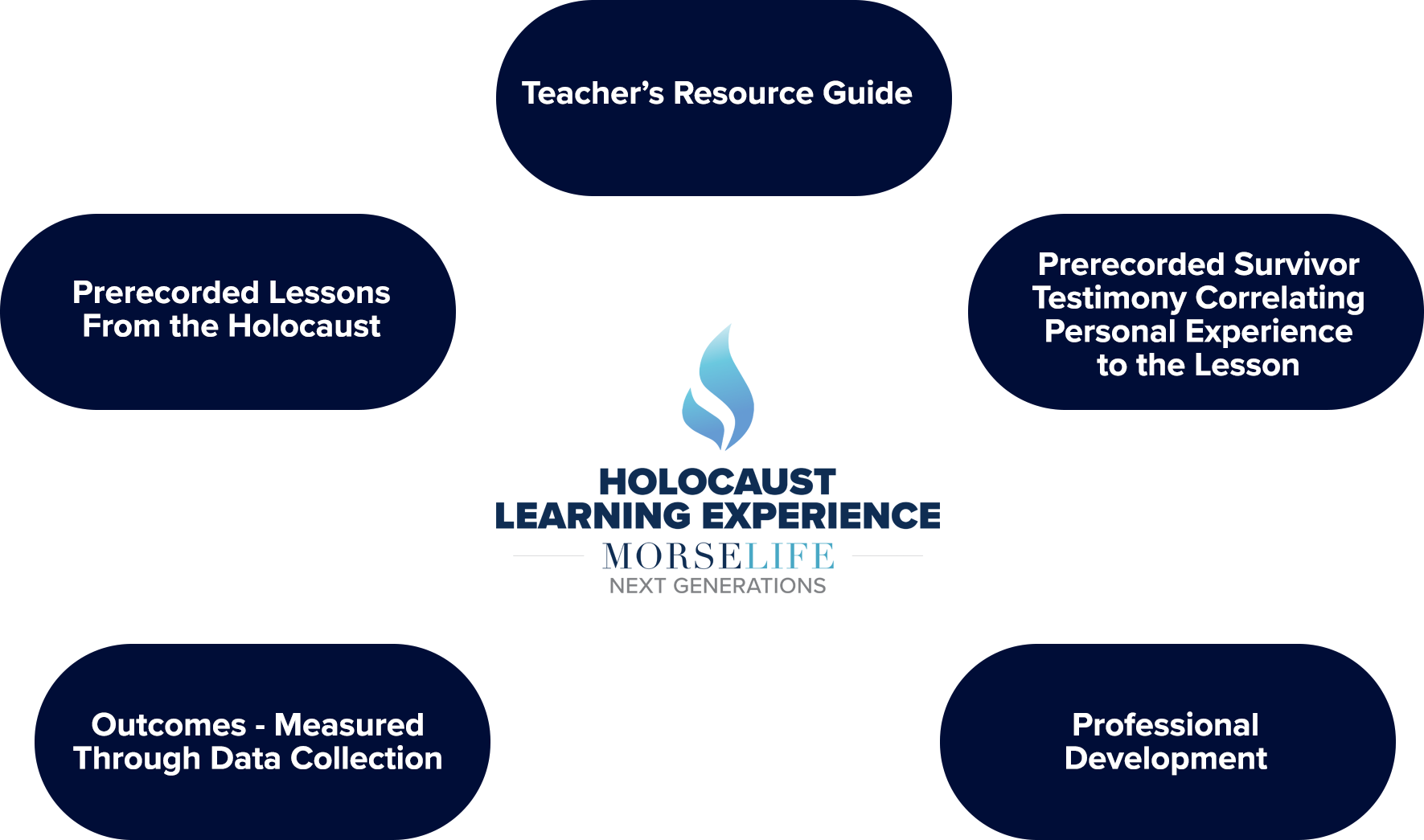 Five Elements of The Holocaust Learning Experience Signature Educational Model - 1) Teacher's Resource Guide 2) Prerecorded Lessons from the Holocaust 3) Prerecorded Survivor Testimony Correlating Personal Experience to the Lesson 4) Outcomes - Measured through data collection 5) Professional Development
